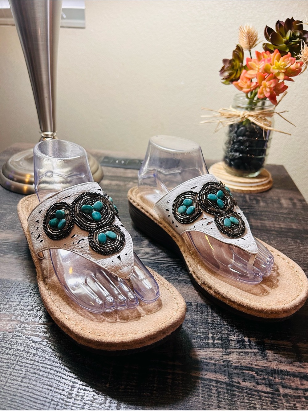 Clarks Artisan Women’s Sandals Boho White Beaded Turquoise - Picture 5 of 5